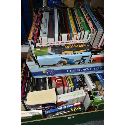 447 - FOUR BOXES OF FOOTBALL INTEREST HARDBACK AND PAPERBACK BOOKS, approximately one hundred and twenty t... 