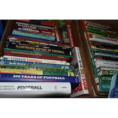 447 - FOUR BOXES OF FOOTBALL INTEREST HARDBACK AND PAPERBACK BOOKS, approximately one hundred and twenty t... 