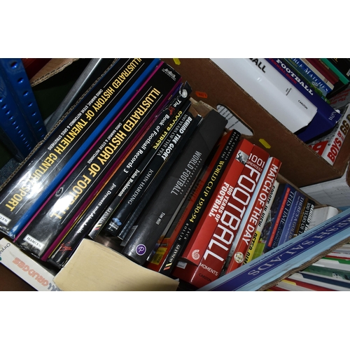 447 - FOUR BOXES OF FOOTBALL INTEREST HARDBACK AND PAPERBACK BOOKS, approximately one hundred and twenty t... 