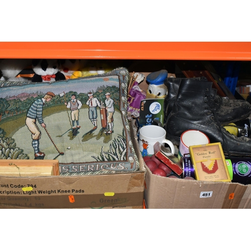 451 - THREE BOXES AND LOOSE SPORT RELATED ITEMS, TOYS AND GAMES, to include a pair of black ice skates - a... 