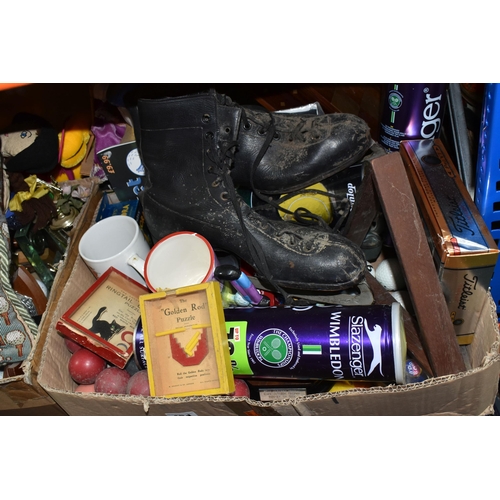 451 - THREE BOXES AND LOOSE SPORT RELATED ITEMS, TOYS AND GAMES, to include a pair of black ice skates - a... 