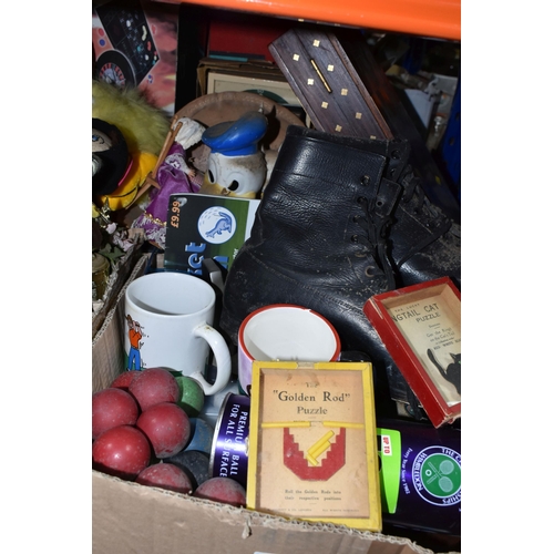 451 - THREE BOXES AND LOOSE SPORT RELATED ITEMS, TOYS AND GAMES, to include a pair of black ice skates - a... 