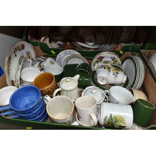 452 - SIX BOXES OF TEA AND DINNER WARES, to include three Coalport Cardova coffee cans and saucers, a seve... 