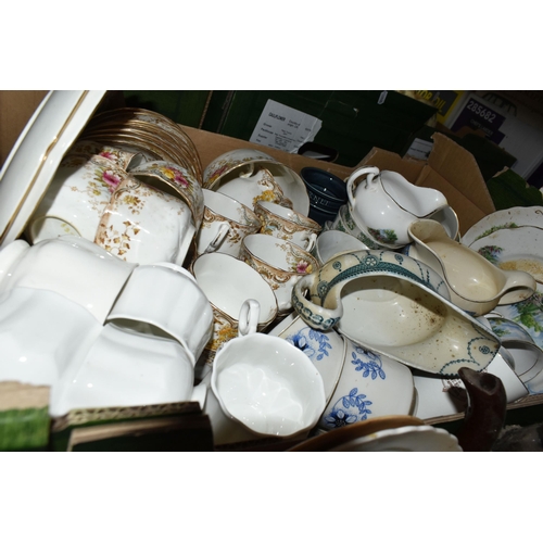 452 - SIX BOXES OF TEA AND DINNER WARES, to include three Coalport Cardova coffee cans and saucers, a seve... 