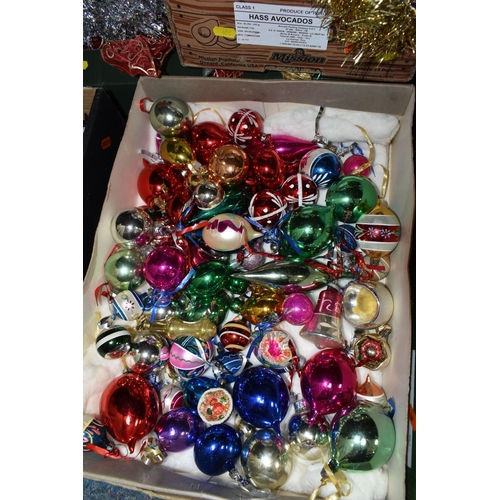 454 - FOUR BOXES OF CHRISTMAS DECORATIONS, vintage and modern, to include a box of approximately fifty to ... 