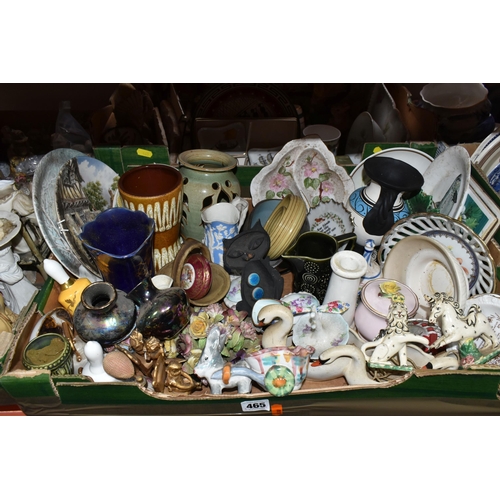 465 - THREE BOXES OF CERAMICS AND ORNAMENTS, to include a West German waisted vase marked '244 17', a Port... 