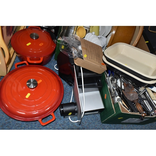 466 - EIGHT BOXES AND LOOSE KITCHENWARE, to include two Le Creuset charcoal grey rectangular stoneware ove... 