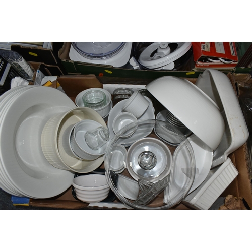 466 - EIGHT BOXES AND LOOSE KITCHENWARE, to include two Le Creuset charcoal grey rectangular stoneware ove... 