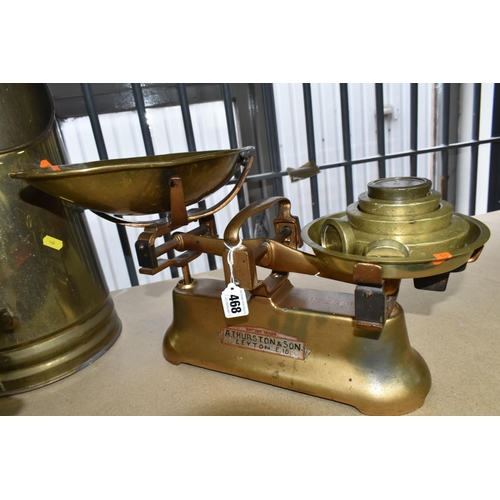 468 - A SMALL SELECTION OF METALWARES, COMPRISING A VICTORIAN STICK STAND, the drip pan is broken, a pair ... 