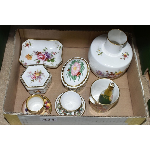 471 - FIVE BOXES OF GLASSWARE AND ROYAL CROWN DERBY GIFTWARE, comprising a Royal Crown Derby miniature ice... 