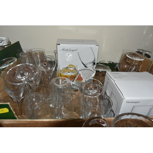 475 - FOUR BOXES OF ASSORTED GLASS WARES, to include a Waterford Lismore bottle coaster, Royal Doulton ovo... 