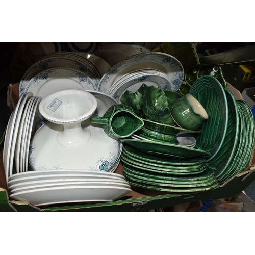 491 - TWO BOXES OF PART DINNER SETS, ETC, including an Art Nouveau Sarreguemines blue and white printed pl... 