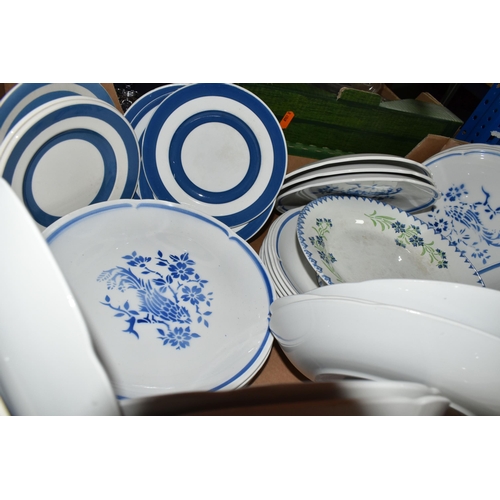 491 - TWO BOXES OF PART DINNER SETS, ETC, including an Art Nouveau Sarreguemines blue and white printed pl... 