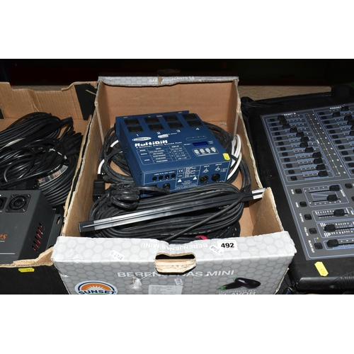 492 - TWO BOXES AND LOOSE OF SHOWTEC AND TRANSCENSION LIGHTING DIMMER PACKS AND CONTROL BOARD, CABLING, ET... 