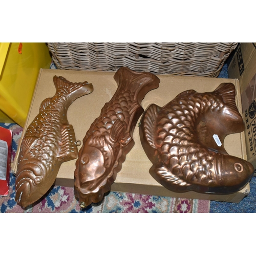 493 - A BOX AND LOOSE OF PICTURES, THREE REPRODUCTION COPPER FISH MOULDS AND A VINTAGE LARGE WICKER GROCER... 