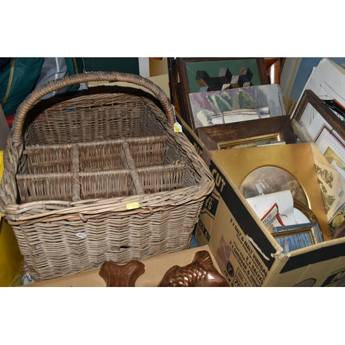 493 - A BOX AND LOOSE OF PICTURES, THREE REPRODUCTION COPPER FISH MOULDS AND A VINTAGE LARGE WICKER GROCER... 