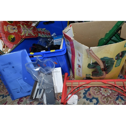 494 - FIVE BOXES AND LOOSE TOYS, CERAMICS, PICTURES, AUDIO EQUIPMENT, PENS, SPORTS EQUIPMENT, ETC, includi... 