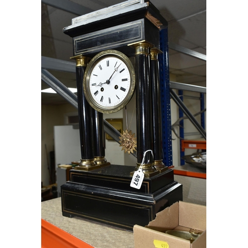 497 - A LATE 19TH CENTURY FRENCH EBONISED AND BRASS INLAID PORTICO MANTEL CLOCK, enamel dial with Roman nu... 