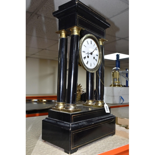 497 - A LATE 19TH CENTURY FRENCH EBONISED AND BRASS INLAID PORTICO MANTEL CLOCK, enamel dial with Roman nu... 