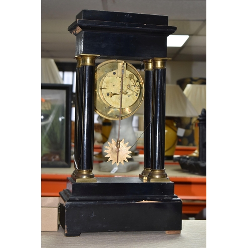 497 - A LATE 19TH CENTURY FRENCH EBONISED AND BRASS INLAID PORTICO MANTEL CLOCK, enamel dial with Roman nu... 