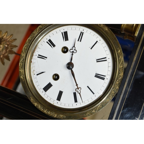 497 - A LATE 19TH CENTURY FRENCH EBONISED AND BRASS INLAID PORTICO MANTEL CLOCK, enamel dial with Roman nu... 