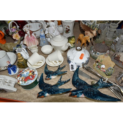 498 - A GROUP OF CERAMICS, METALWARE, ETC, including a set of three Beswick Swallow wall plaques, no's. 75... 