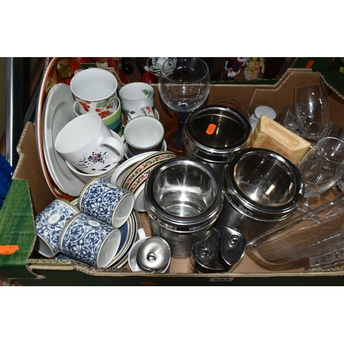 504 - TWO BOXES OF GLASSWARE, CERAMICS, CHRISTMAS DECORATIONS, HOUSEHOLD ITEMS AND THREE LOOSE PICTURES, i... 