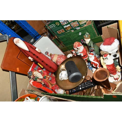 504 - TWO BOXES OF GLASSWARE, CERAMICS, CHRISTMAS DECORATIONS, HOUSEHOLD ITEMS AND THREE LOOSE PICTURES, i... 