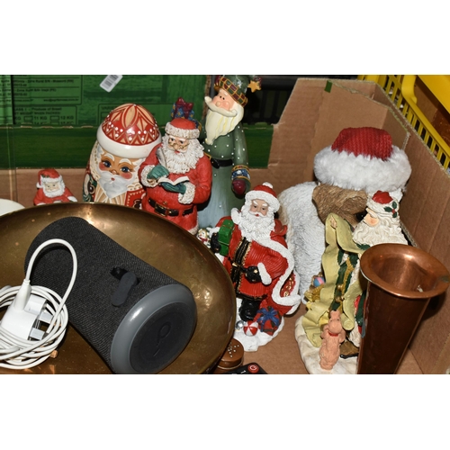 504 - TWO BOXES OF GLASSWARE, CERAMICS, CHRISTMAS DECORATIONS, HOUSEHOLD ITEMS AND THREE LOOSE PICTURES, i... 