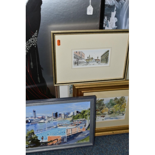 505 - A SMALL SELECTION OF PAINTINGS AND PRINTS,  comprising a Sue Howells watercolour of a scene in Barba... 