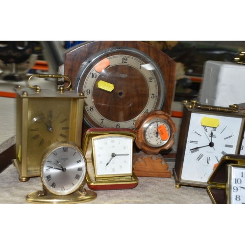 507 - A COLLECTION OF SMALL CLOCKS, nineteen alarm, mantel, carriage, anniversary and desk clocks, mainly ... 