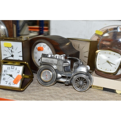 507 - A COLLECTION OF SMALL CLOCKS, nineteen alarm, mantel, carriage, anniversary and desk clocks, mainly ... 