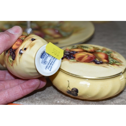 508 - SEVEN PIECES OF AYNSLEY ORCHARD GOLD TEA AND GIFT WARES, comprising a single tier cake stand, a balu... 