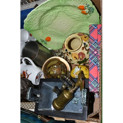 516 - A BOX, A BAG AND LOOSE CERAMICS, METALWARE, CAMERAS AND SUNDRY ITEMS, to include a bronze Chinese ve... 