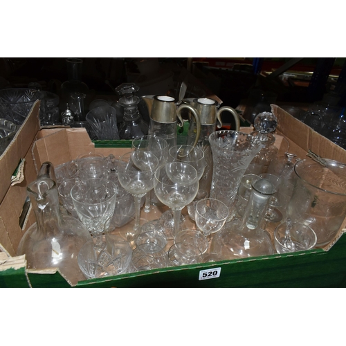 520 - FIVE BOXES AND LOOSE GLASS WARE, to include a vintage decanter and glass set decorated in a geometri... 