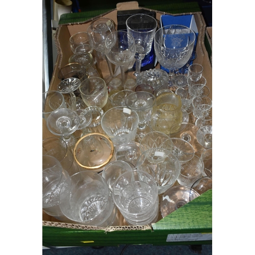 520 - FIVE BOXES AND LOOSE GLASS WARE, to include a vintage decanter and glass set decorated in a geometri... 