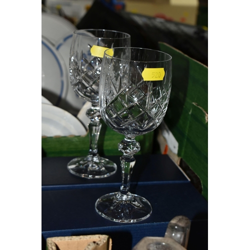 520 - FIVE BOXES AND LOOSE GLASS WARE, to include a vintage decanter and glass set decorated in a geometri... 