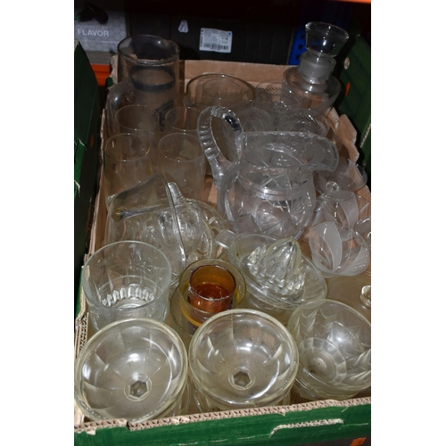 520 - FIVE BOXES AND LOOSE GLASS WARE, to include a vintage decanter and glass set decorated in a geometri... 