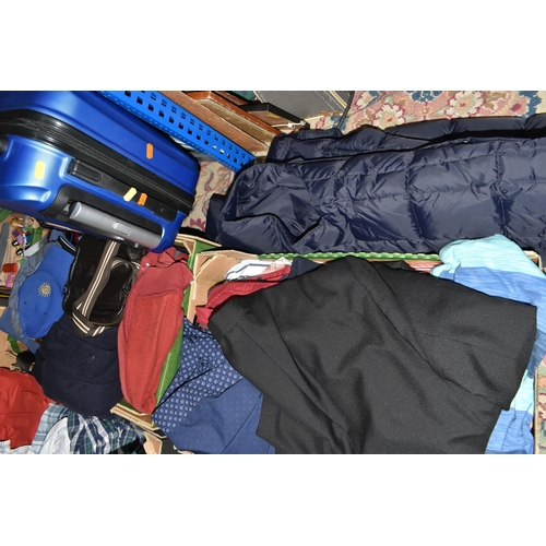 521 - SEVEN BOXES AND LOOSE MEN'S CLOTHING, ACCESSORIES AND LUGGAGE, to include trousers, jackets, knitwea... 