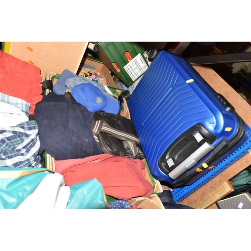 521 - SEVEN BOXES AND LOOSE MEN'S CLOTHING, ACCESSORIES AND LUGGAGE, to include trousers, jackets, knitwea... 