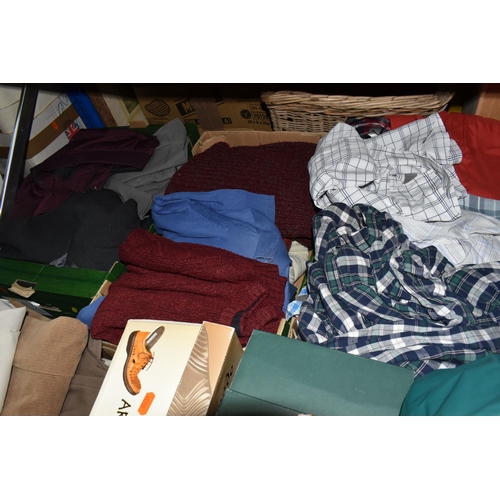 521 - SEVEN BOXES AND LOOSE MEN'S CLOTHING, ACCESSORIES AND LUGGAGE, to include trousers, jackets, knitwea... 