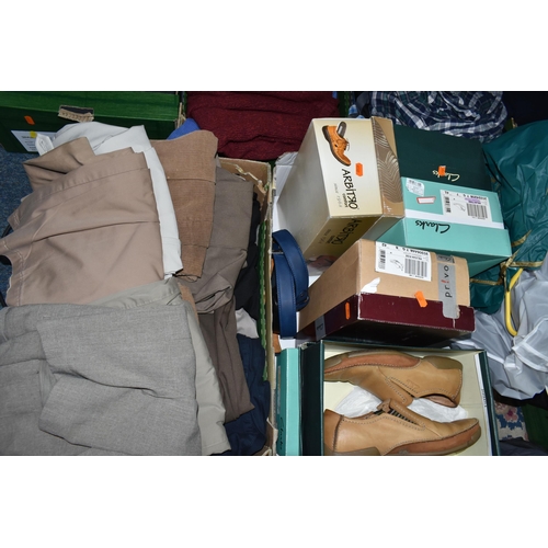 521 - SEVEN BOXES AND LOOSE MEN'S CLOTHING, ACCESSORIES AND LUGGAGE, to include trousers, jackets, knitwea... 