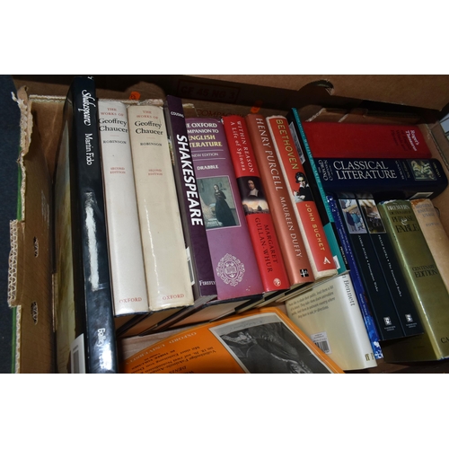 525 - FOUR BOXES OF BOOKS containing approximately 100 titles on the subjects of music, music scores and l... 