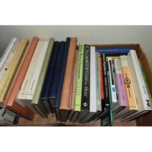 525 - FOUR BOXES OF BOOKS containing approximately 100 titles on the subjects of music, music scores and l... 