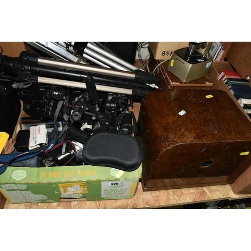 526 - THREE BOXES AND LOOSE PHOTOGRAPHIC AND VIDEO EQUIPMENT ETC, to include Velbon tripods, Cullman and M... 