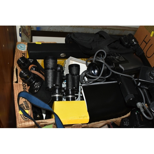 526 - THREE BOXES AND LOOSE PHOTOGRAPHIC AND VIDEO EQUIPMENT ETC, to include Velbon tripods, Cullman and M... 