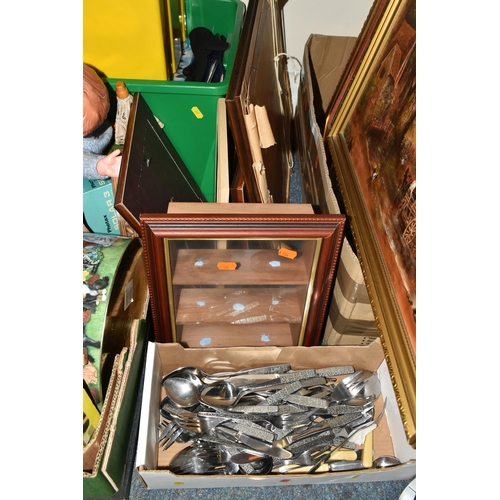 527 - THREE BOXES AND LOOSE SUNDRY ITEMS ETC, to include a small box of Viners retro flatware, boxed Bosch... 