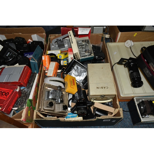 528 - THREE BOXES AND LOOSE PHOTOGRAPHIC AND CINE EQUIPMENT ETC, to include boxed GAF 502 slide projector,... 