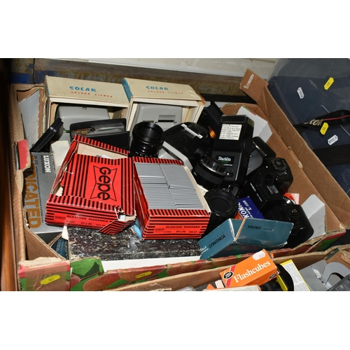 528 - THREE BOXES AND LOOSE PHOTOGRAPHIC AND CINE EQUIPMENT ETC, to include boxed GAF 502 slide projector,... 