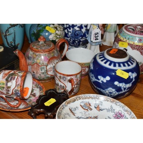 534 - A COLLECTION OF ORIENTAL WARES ETC, to include a enamel vases with cherry blossom trees and birds, i... 